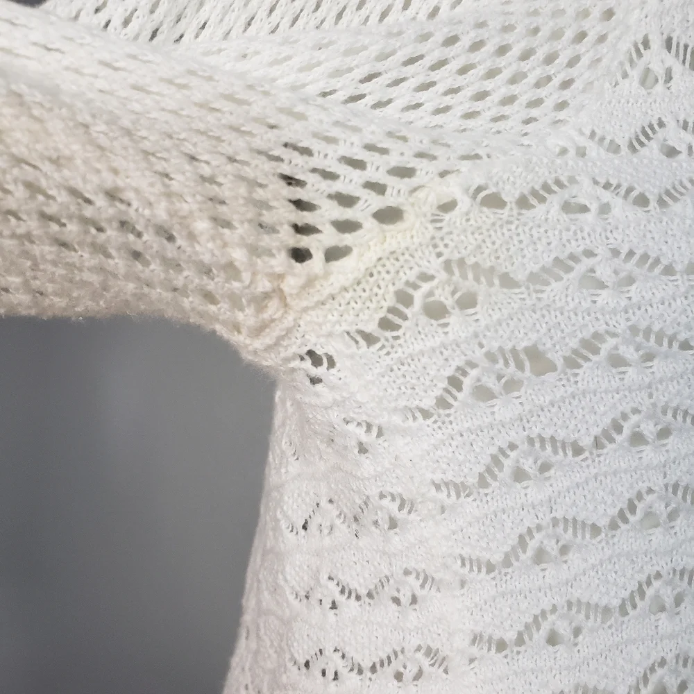 Macbeth Collection White Crochet Pointelle Knit Bell Sleeve Pullover Sweater Top